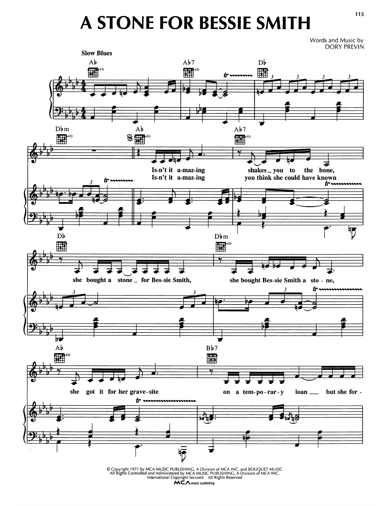 Download Dory Previn A Stone For Bessie Smith Sheet Music and learn how to play Piano, Vocal & Guitar Chords (Right-Hand Melody) PDF digital score in minutes