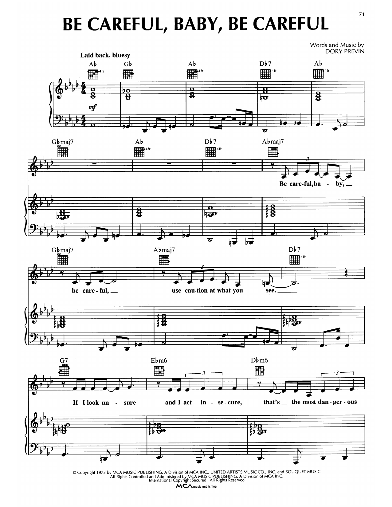 Download Dory Previn Be Careful, Baby, Be Careful Sheet Music and learn how to play Piano, Vocal & Guitar Chords (Right-Hand Melody) PDF digital score in minutes