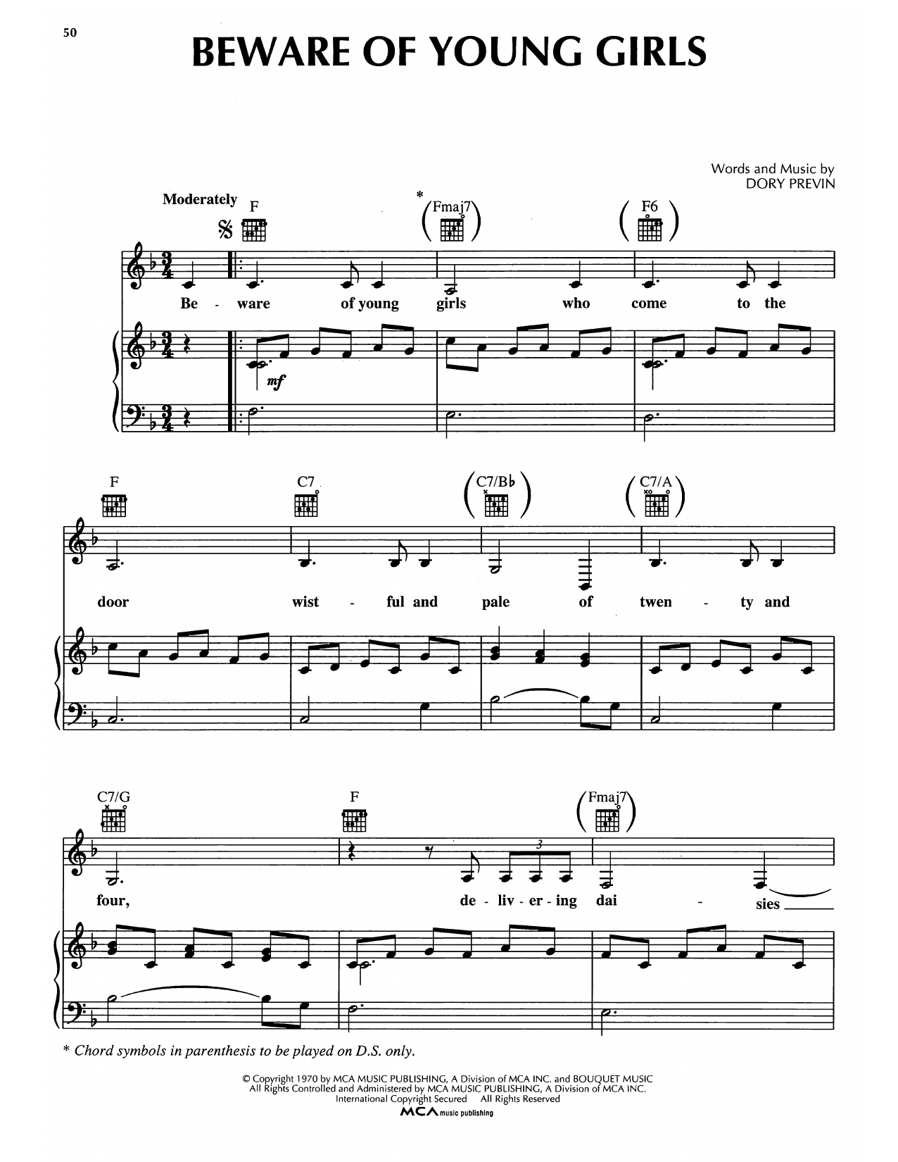 Download Dory Previn Beware Of Young Girls Sheet Music and learn how to play Piano, Vocal & Guitar Chords (Right-Hand Melody) PDF digital score in minutes