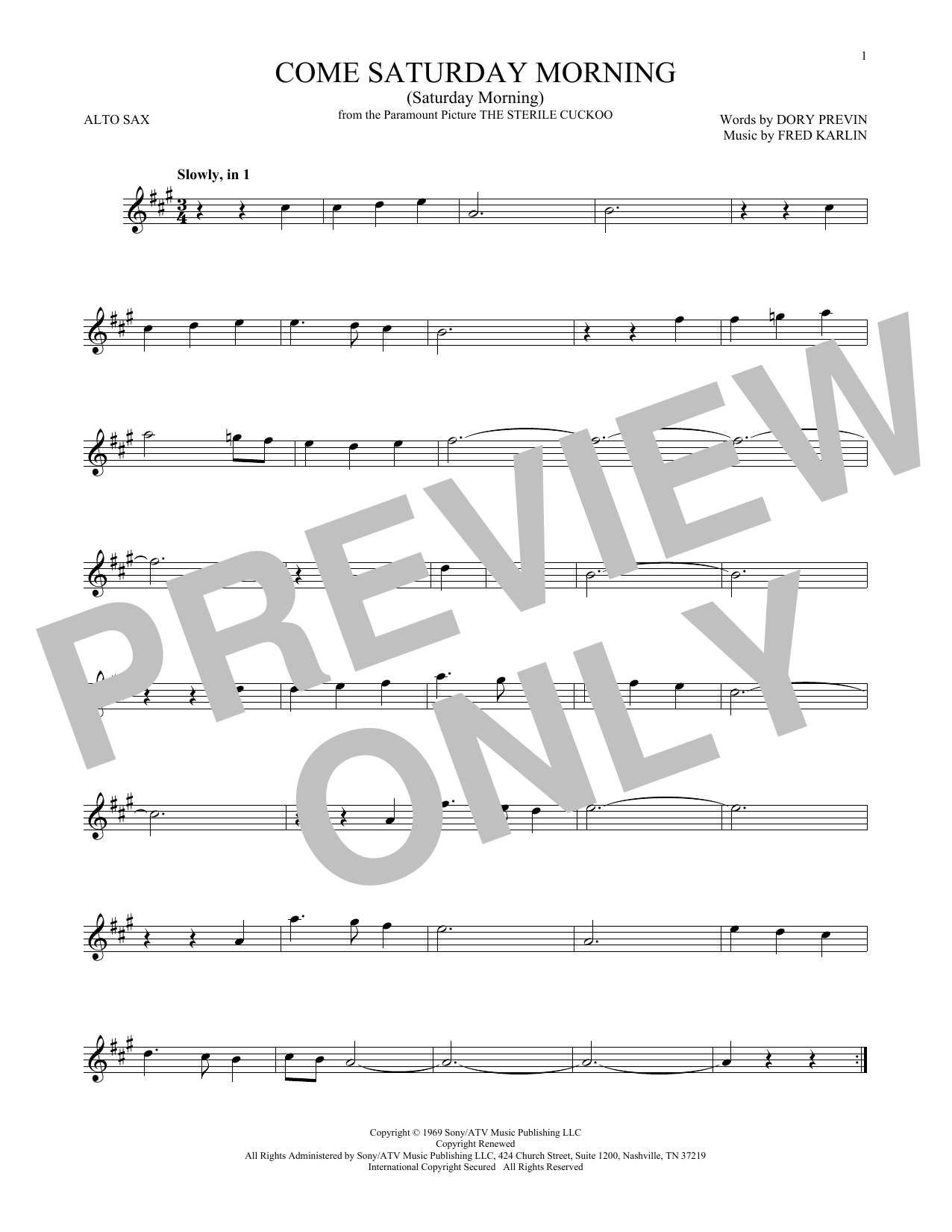 Download Dory Previn Come Saturday Morning (Saturday Morning) Sheet Music and learn how to play Cello PDF digital score in minutes