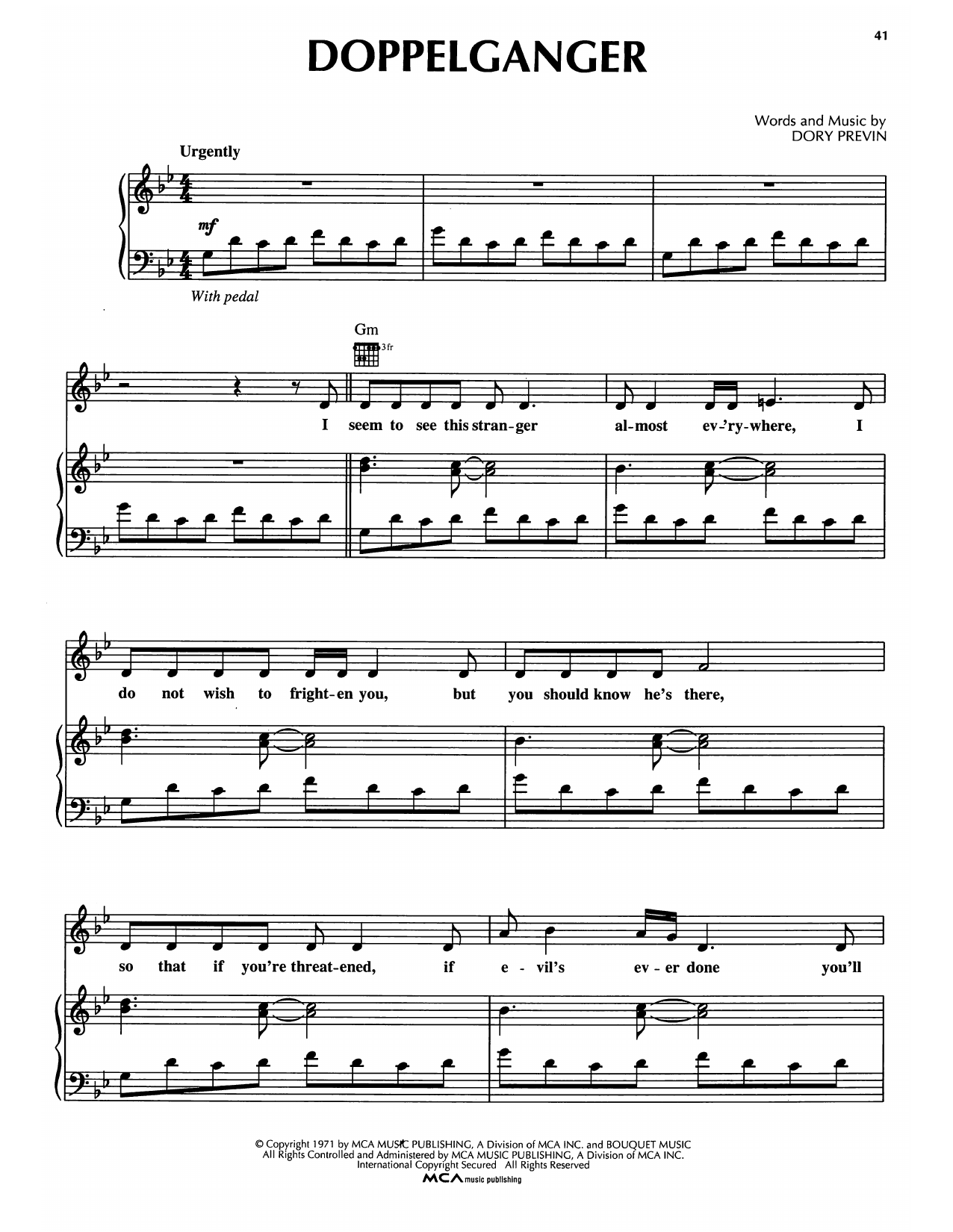 Download Dory Previn Doppelganger Sheet Music and learn how to play Piano, Vocal & Guitar Chords (Right-Hand Melody) PDF digital score in minutes