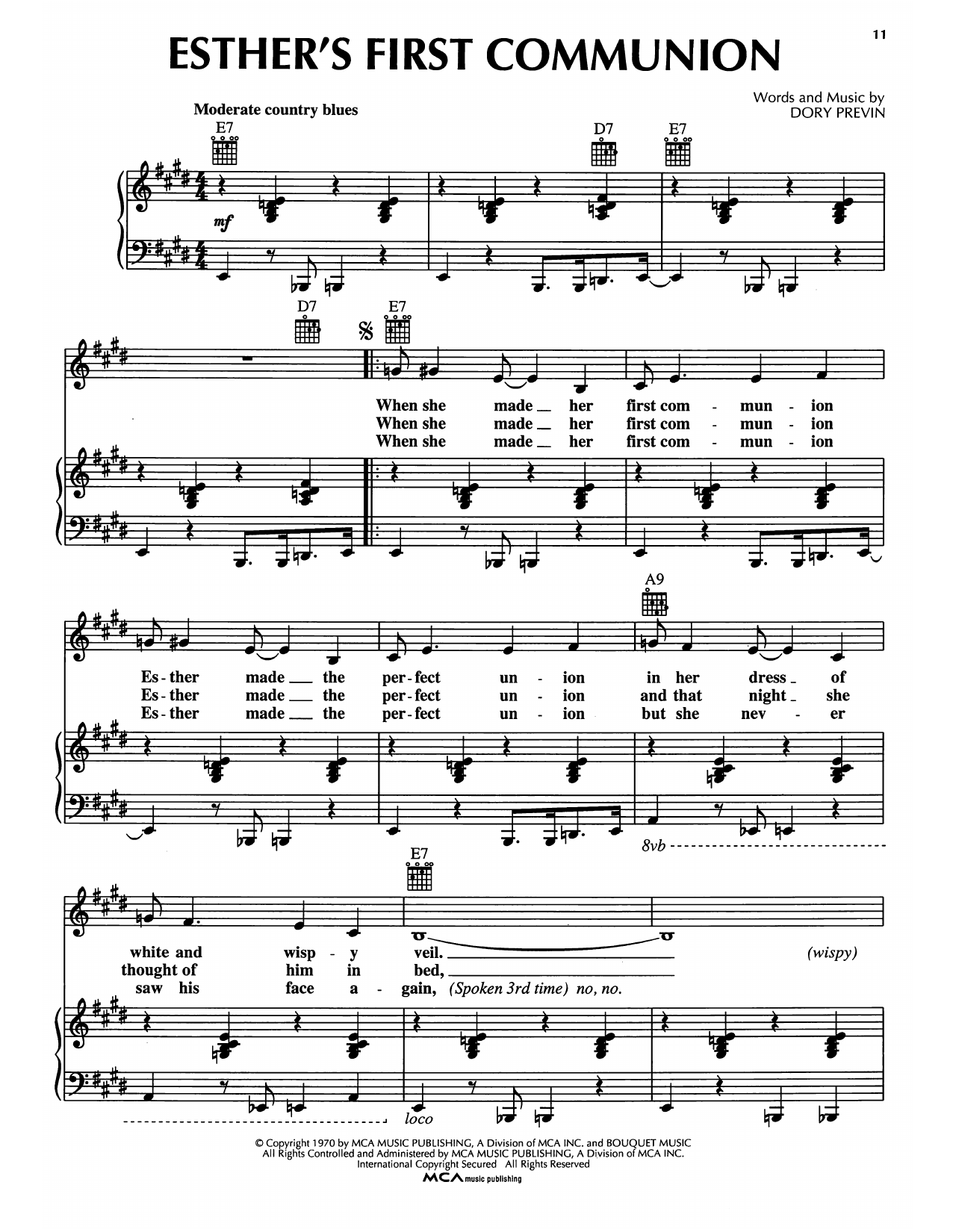 Download Dory Previn Esther's First Communion Sheet Music and learn how to play Piano, Vocal & Guitar Chords (Right-Hand Melody) PDF digital score in minutes