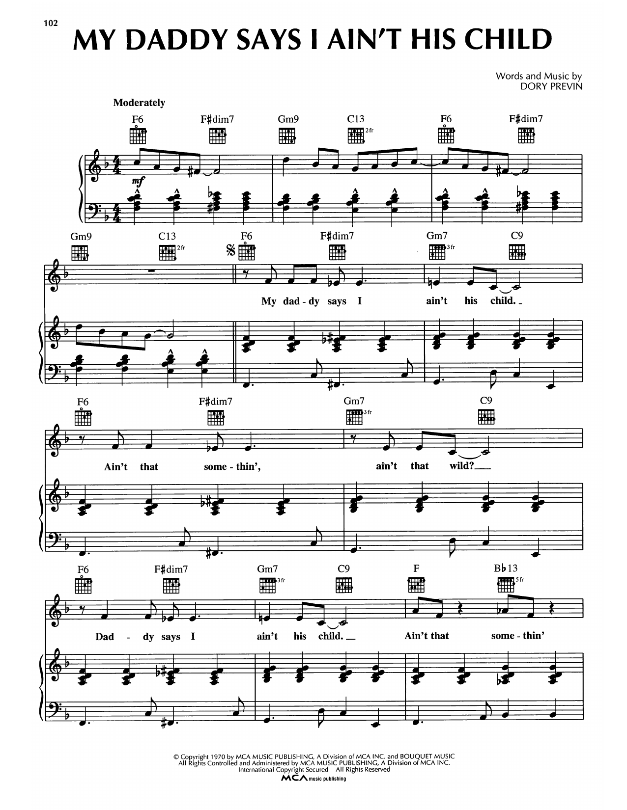 Download Dory Previn My Daddy Says I Ain't His Child Sheet Music and learn how to play Piano, Vocal & Guitar Chords (Right-Hand Melody) PDF digital score in minutes