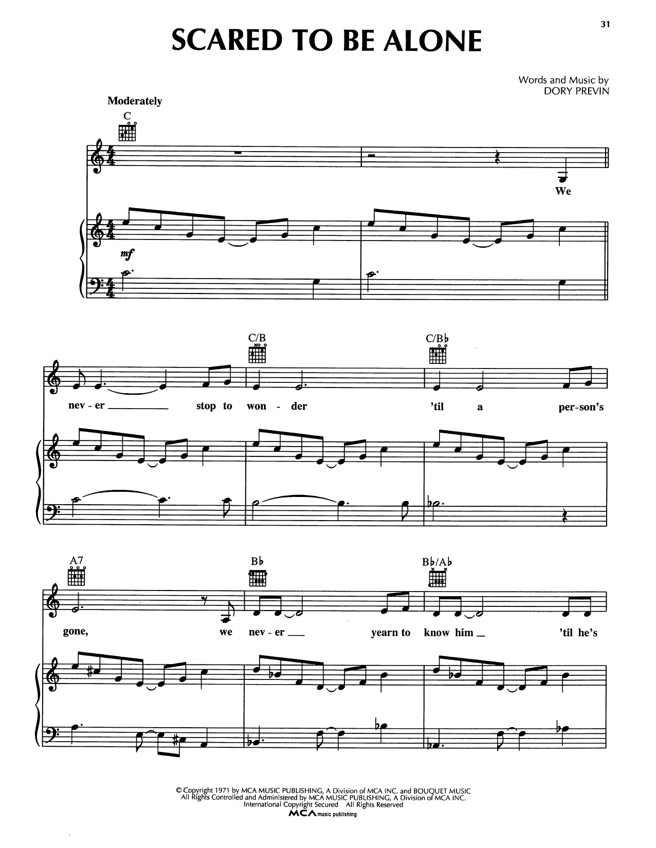 Download Dory Previn Scared To Be Alone Sheet Music and learn how to play Piano, Vocal & Guitar Chords (Right-Hand Melody) PDF digital score in minutes