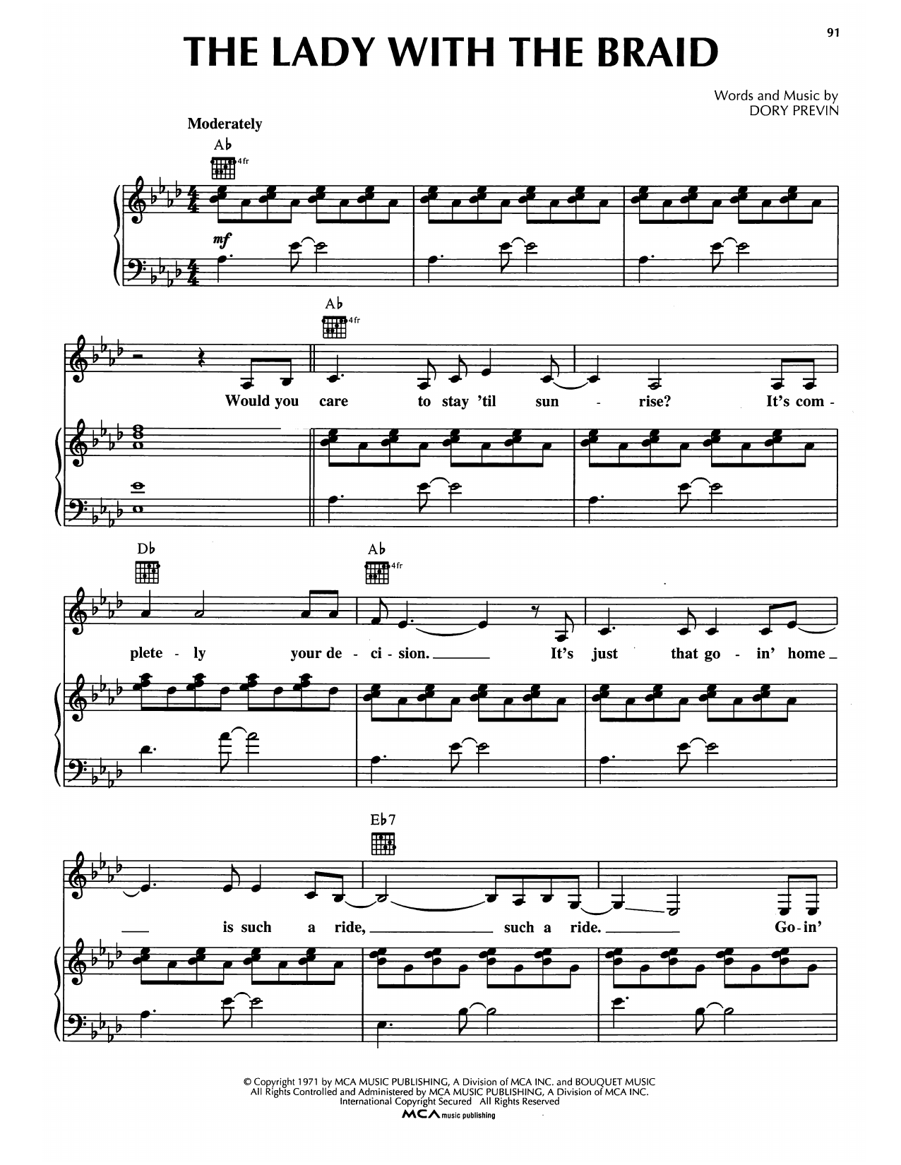Download Dory Previn The Lady With The Braid Sheet Music and learn how to play Piano, Vocal & Guitar Chords (Right-Hand Melody) PDF digital score in minutes