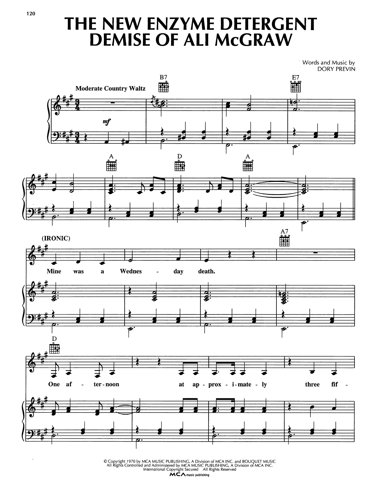 Download Dory Previn The New Enzyme Detergent Demise Of Ali McGraw Sheet Music and learn how to play Piano, Vocal & Guitar Chords (Right-Hand Melody) PDF digital score in minutes