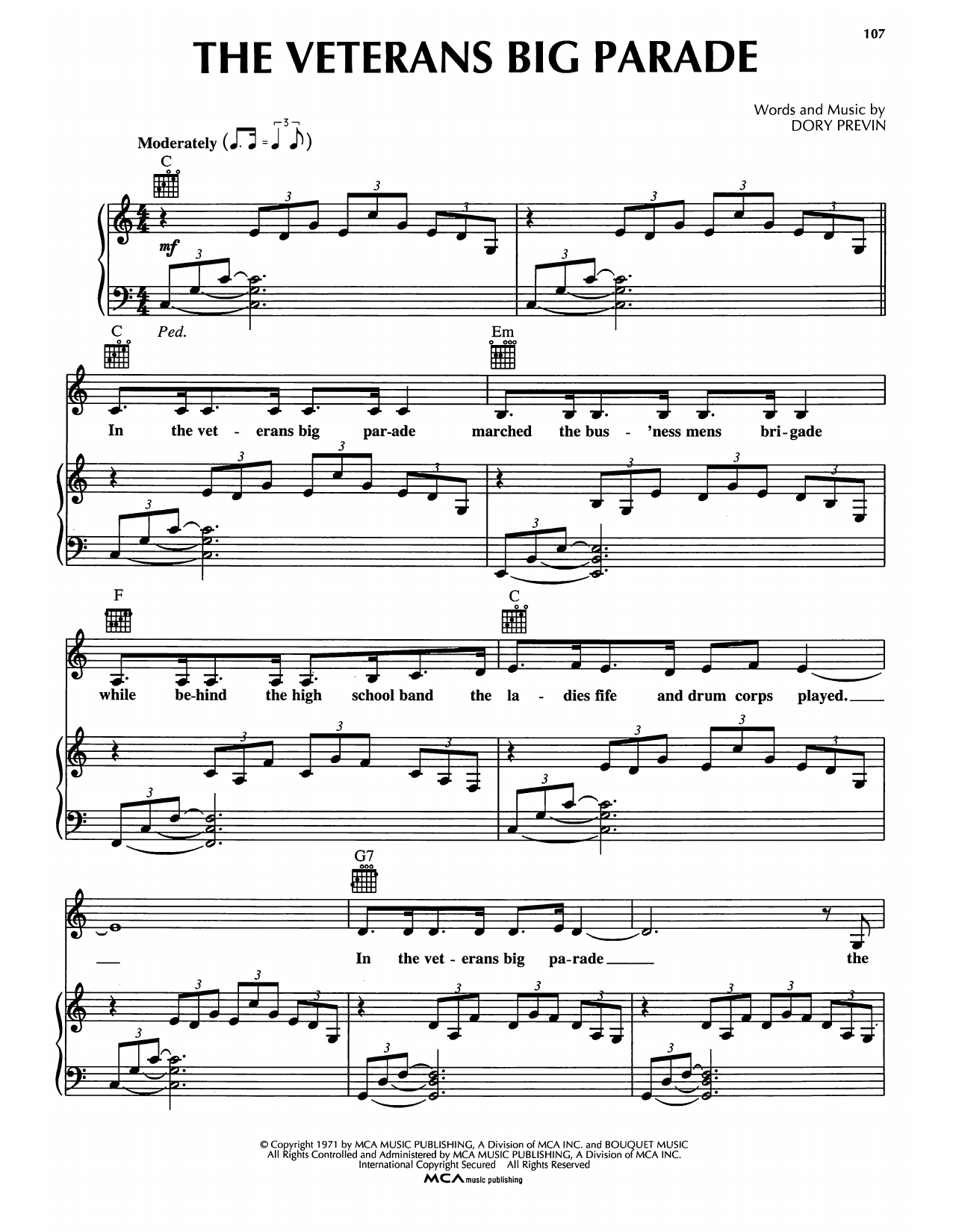 Download Dory Previn The Veterans Big Parade Sheet Music and learn how to play Piano, Vocal & Guitar Chords (Right-Hand Melody) PDF digital score in minutes