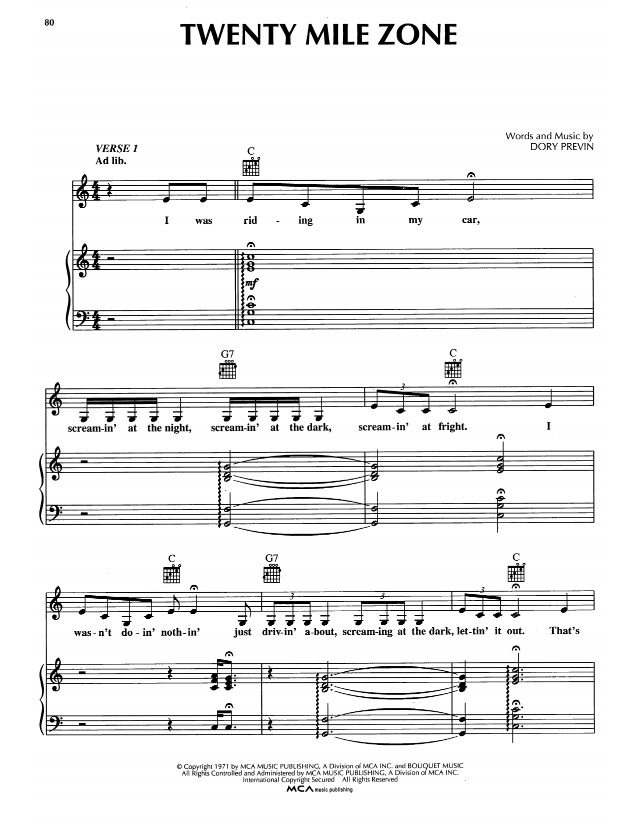 Download Dory Previn Twenty Mile Zone Sheet Music and learn how to play Piano, Vocal & Guitar Chords (Right-Hand Melody) PDF digital score in minutes