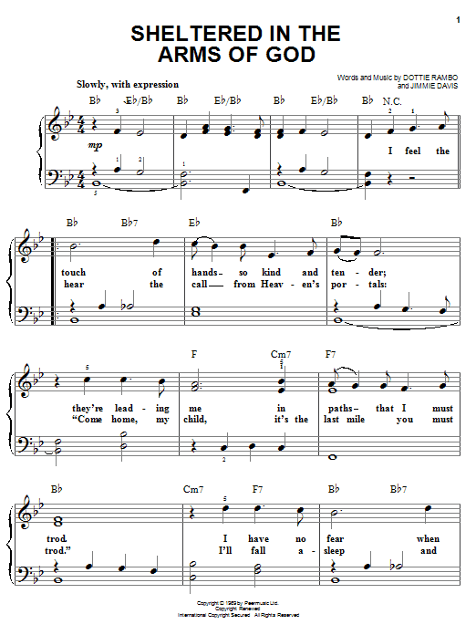 Download Dottie Rambo Sheltered In The Arms Of God Sheet Music and learn how to play Easy Guitar PDF digital score in minutes