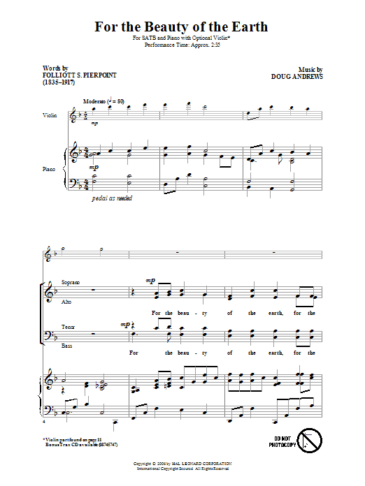 Download Doug Andrews For The Beauty Of The Earth Sheet Music and learn how to play Choral PDF digital score in minutes