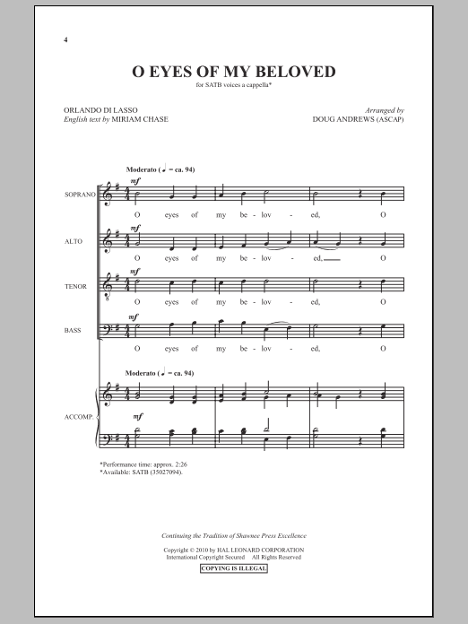 Download Doug Andrews O Eyes Of My Beloved Sheet Music and learn how to play SATB Choir PDF digital score in minutes