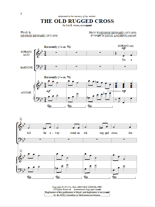 Download George Bennard The Old Rugged Cross (arr. Doug Andrews) Sheet Music and learn how to play SAB PDF digital score in minutes