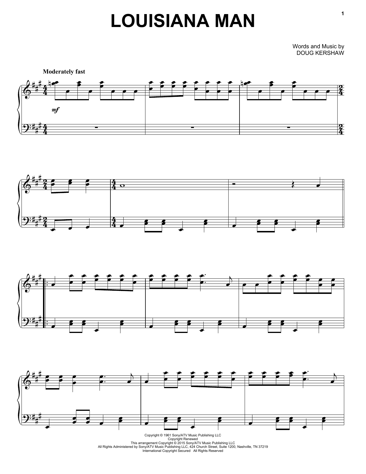 Download Doug Kershaw Louisiana Man Sheet Music and learn how to play Piano PDF digital score in minutes