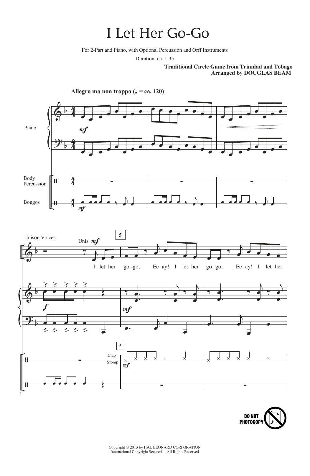 Download Traditional I Let Her Go-Go (arr. Douglas Beam) Sheet Music and learn how to play 2-Part Choir PDF digital score in minutes
