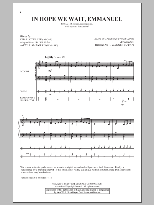 Download Douglas E. Wagner In Hope We Wait, Emmanuel Sheet Music and learn how to play SATB PDF digital score in minutes