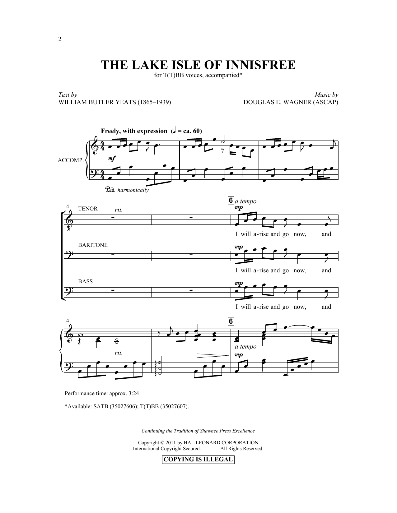 Download Douglas E. Wagner The Lake Isle Of Innisfree Sheet Music and learn how to play TTBB PDF digital score in minutes