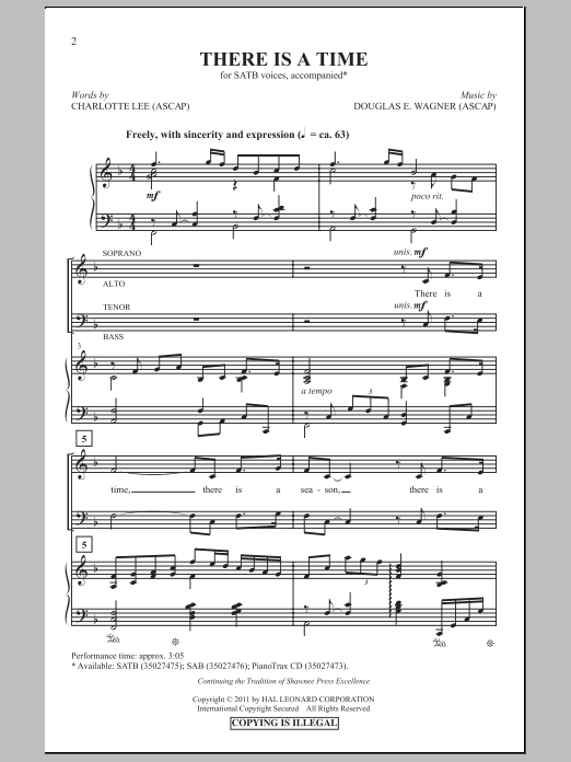 Download Douglas E. Wagner There Is A Time Sheet Music and learn how to play SAB Choir PDF digital score in minutes