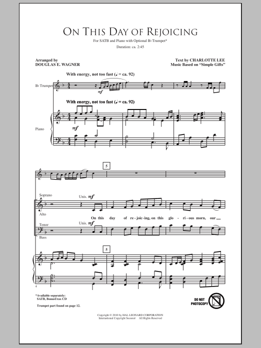 Download Douglas E. Wagner This Day Of Rejoicing Sheet Music and learn how to play SATB Choir PDF digital score in minutes