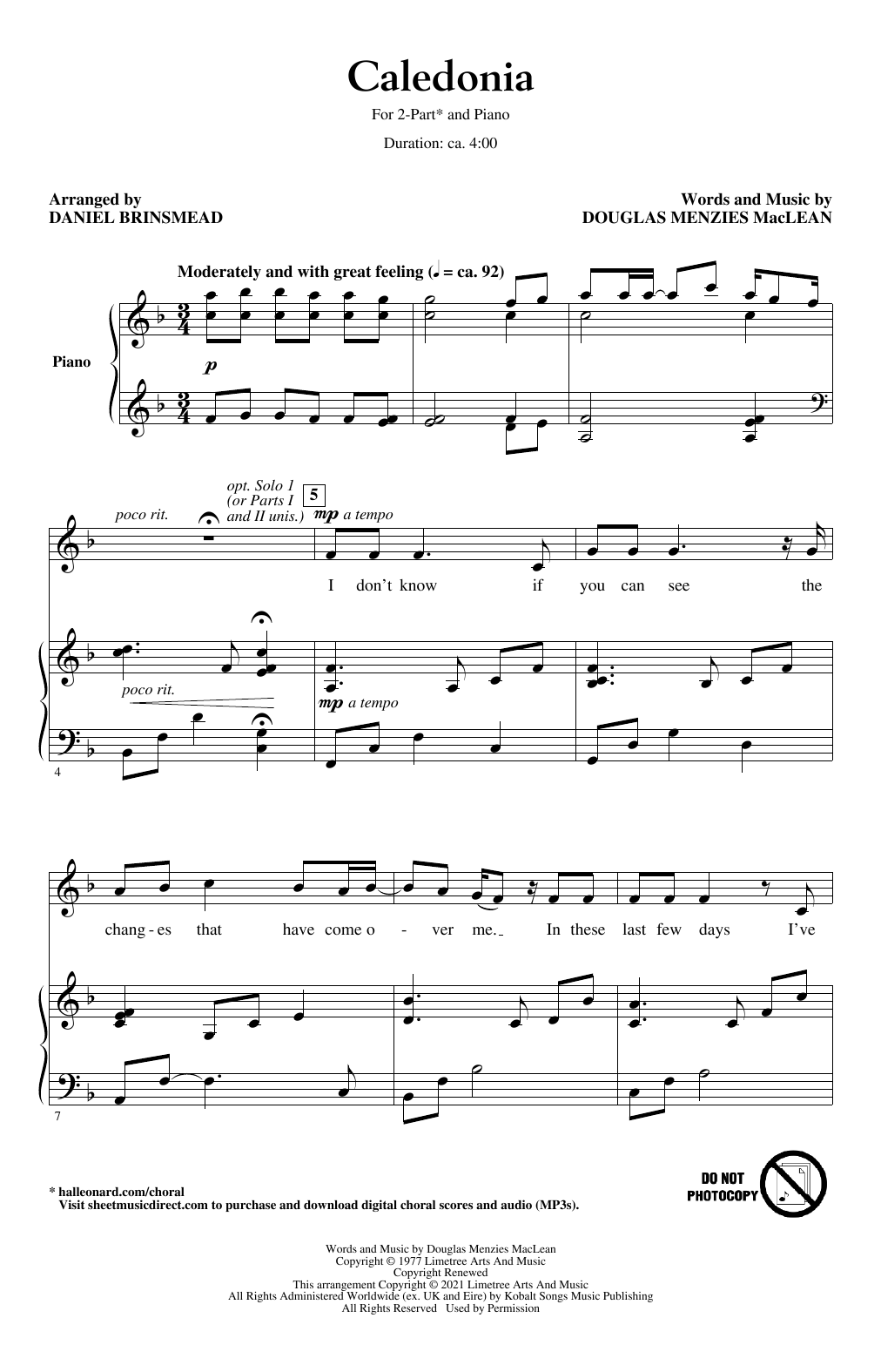 Download Douglas Menzies MacLean Caledonia (arr. Daniel Brinsmead) Sheet Music and learn how to play 2-Part Choir PDF digital score in minutes