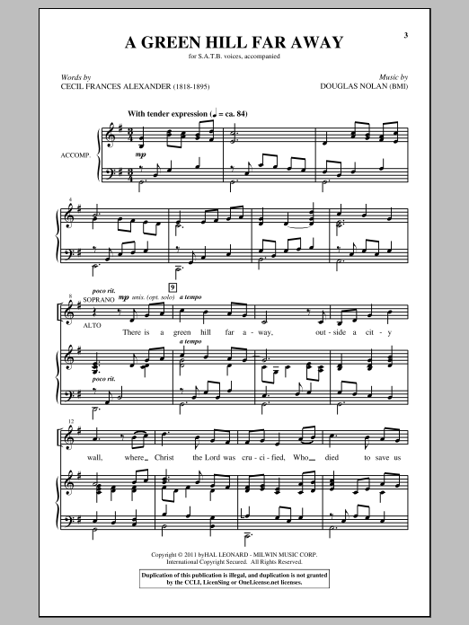 Download Douglas Nolan A Green Hill Far Away Sheet Music and learn how to play SATB PDF digital score in minutes