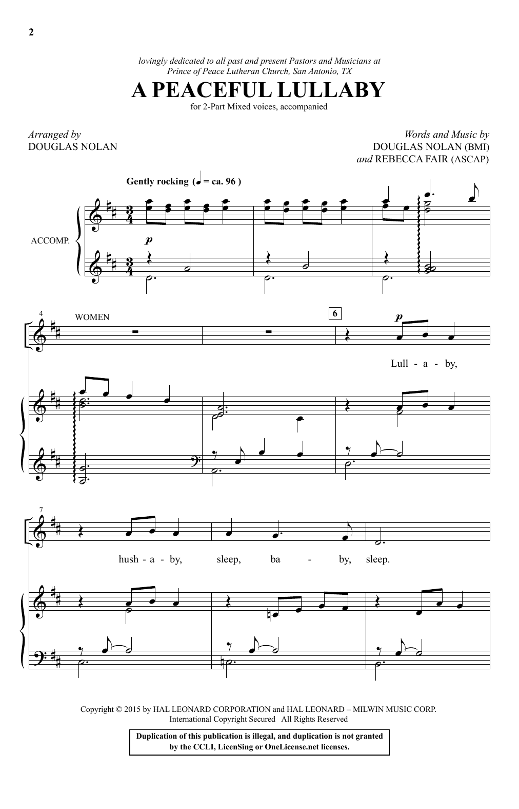 Download Douglas Nolan A Peaceful Lullaby Sheet Music and learn how to play 2-Part Choir PDF digital score in minutes