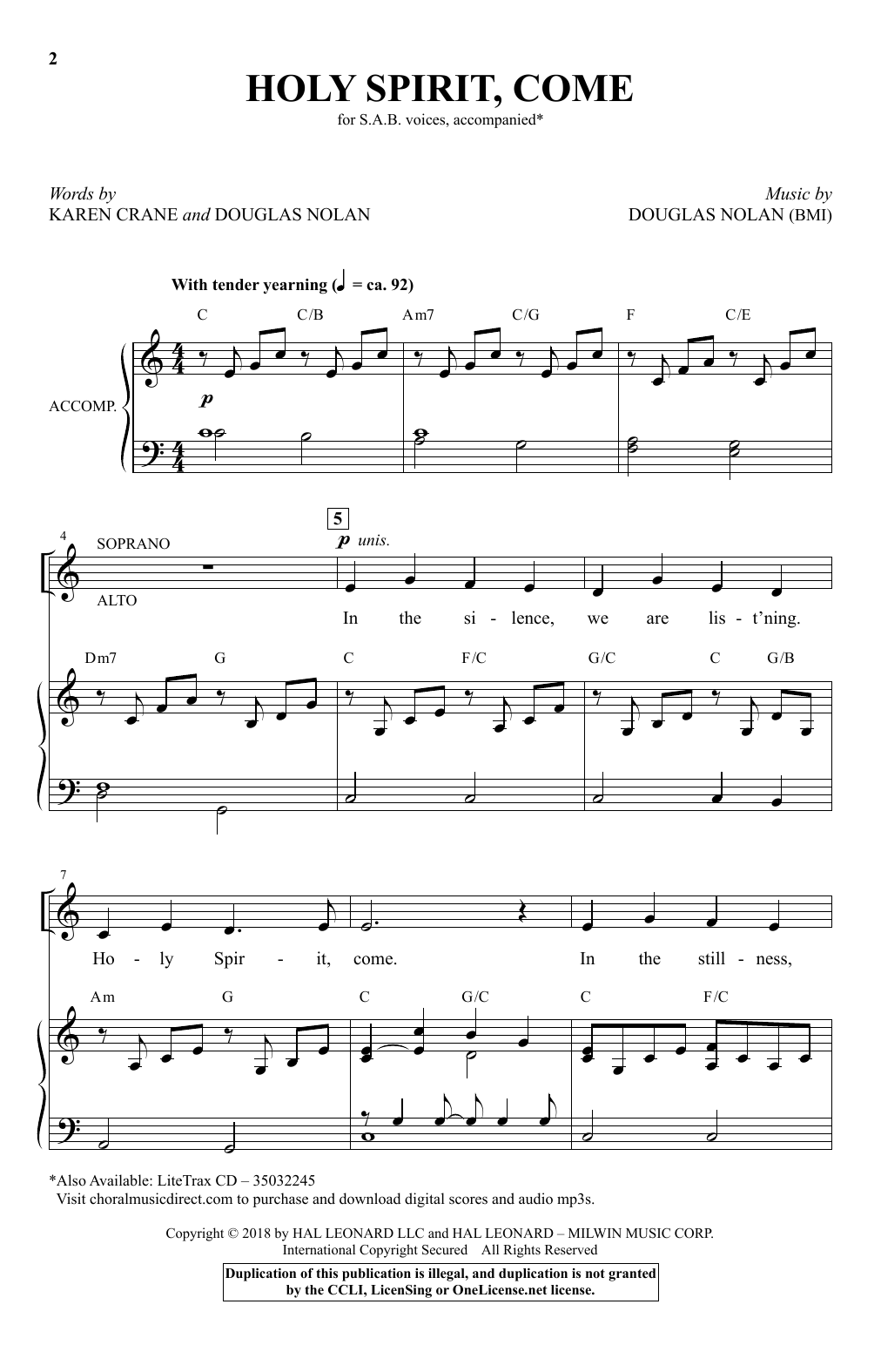 Download Douglas Nolan Holy Spirit, Come Sheet Music and learn how to play SAB Choir PDF digital score in minutes