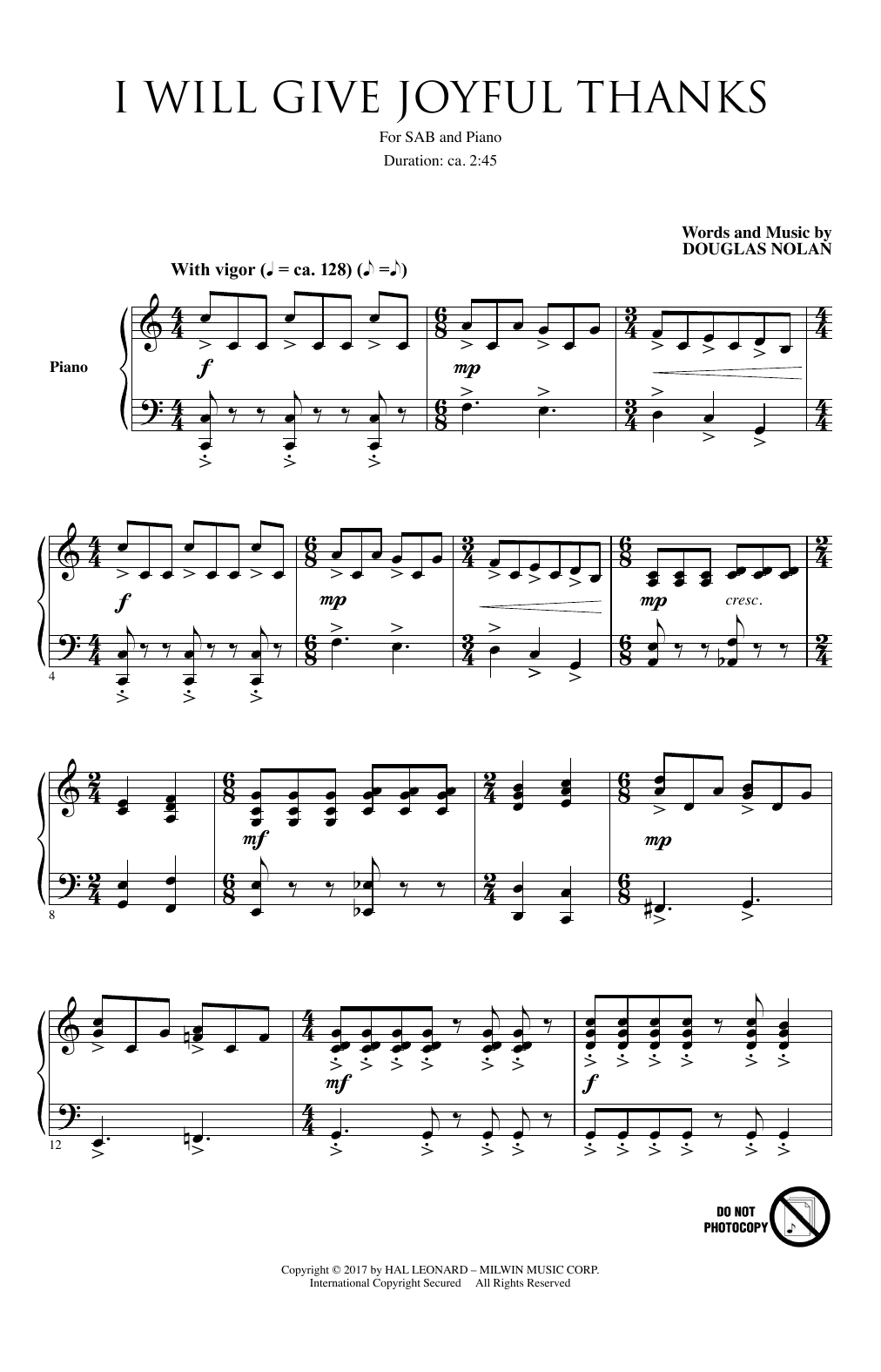 Download Douglas Nolan I Will Give Joyful Thanks Sheet Music and learn how to play SAB PDF digital score in minutes