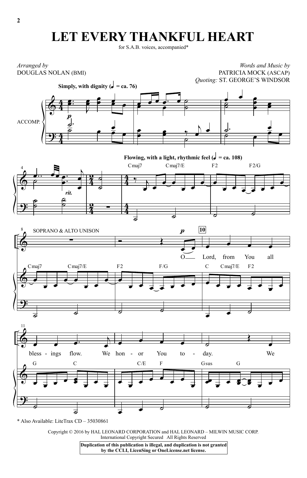 Download Patricia Mock Let Every Thankful Heart (arr. Douglas Nolan) Sheet Music and learn how to play SAB PDF digital score in minutes
