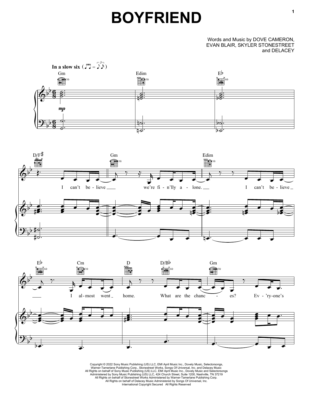 Download Dove Cameron Boyfriend Sheet Music and learn how to play Piano, Vocal & Guitar Chords (Right-Hand Melody) PDF digital score in minutes