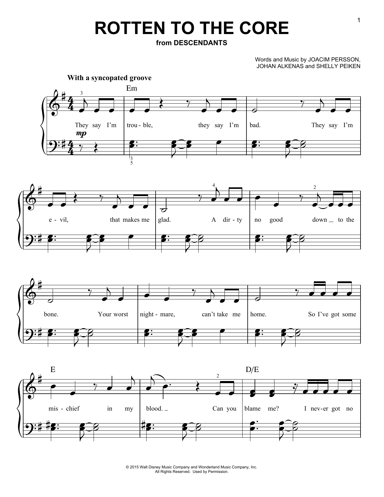 Download Dove Cameron, Cameron Boyce, Booboo Stewart & Sofia Carson Rotten To The Core (from Disney's Descendants) Sheet Music and learn how to play Easy Piano PDF digital score in minutes