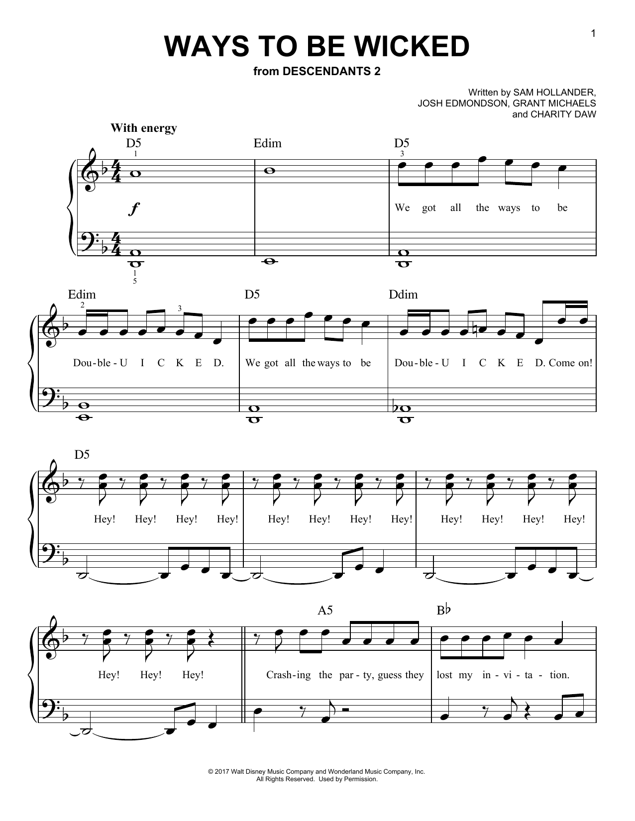 Download Dove Cameron, Cameron Boyce, Booboo Stewart & Sofia Carson Ways to Be Wicked (from Disney's Descendants 2) Sheet Music and learn how to play Easy Piano PDF digital score in minutes