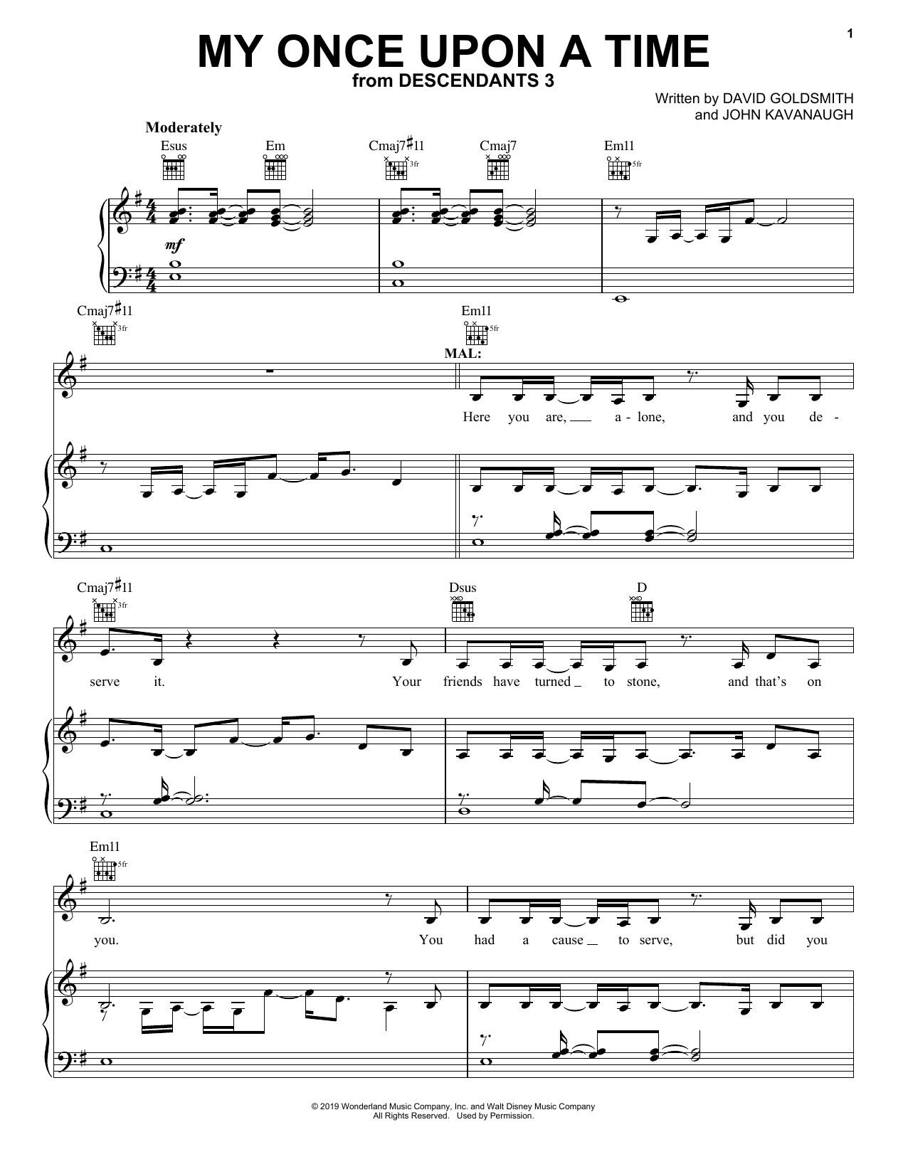 Download Dove Cameron My Once Upon A Time (from Disney's Descendants 3) Sheet Music and learn how to play Piano, Vocal & Guitar Chords (Right-Hand Melody) PDF digital score in minutes
