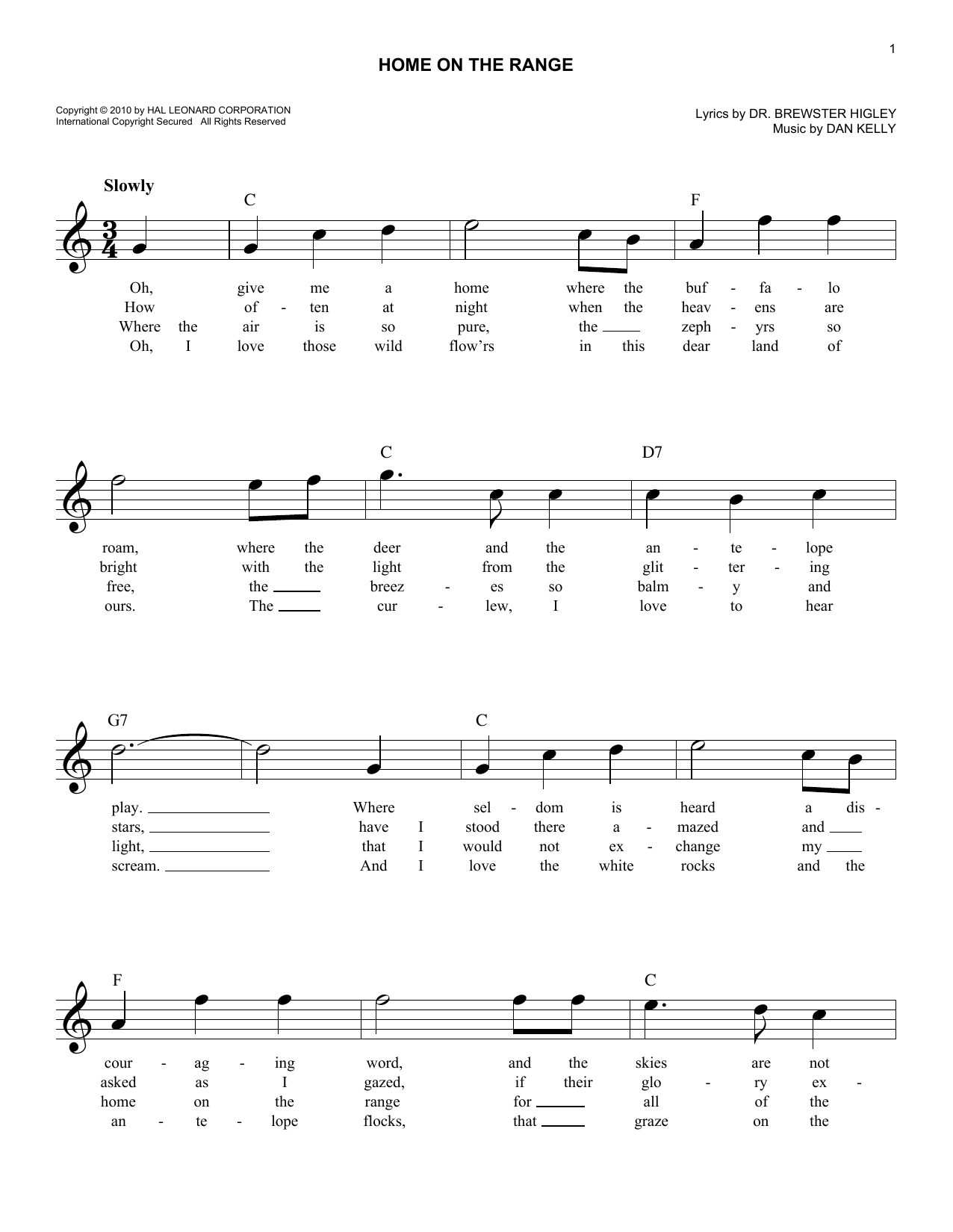 Download Dr. Brewster Higley Home On The Range Sheet Music and learn how to play Melody Line, Lyrics & Chords PDF digital score in minutes