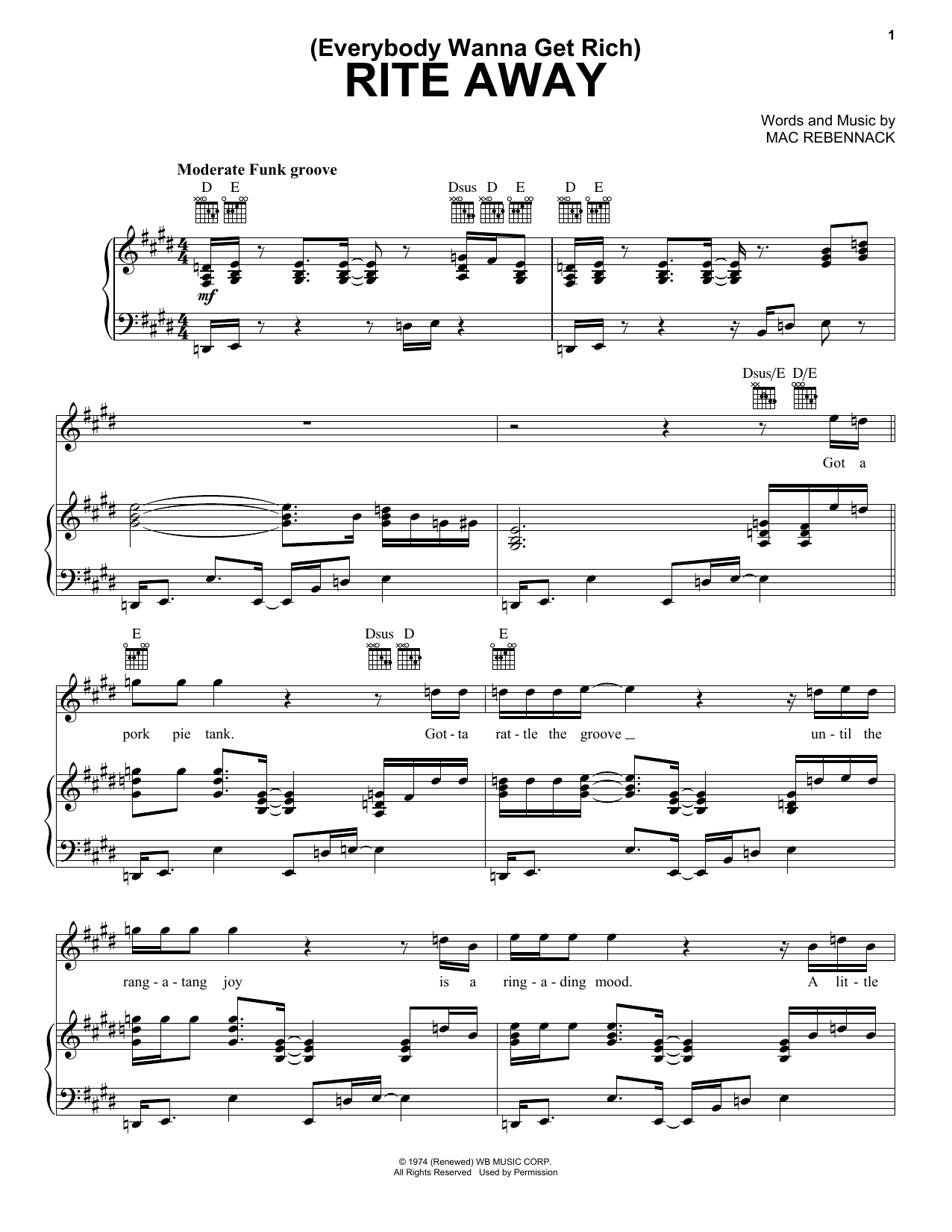 Download Dr. John (Everybody Wanna Get Rich) Rite Away Sheet Music and learn how to play Piano, Vocal & Guitar Chords (Right-Hand Melody) PDF digital score in minutes