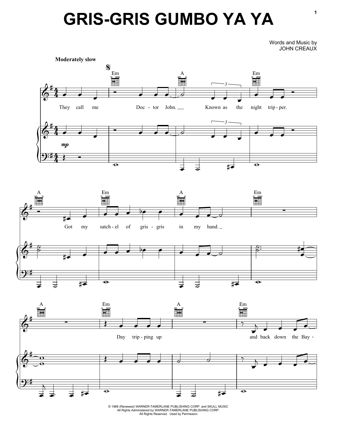 Download Dr. John Gris-Gris Gumbo Ya Ya Sheet Music and learn how to play Piano, Vocal & Guitar Chords (Right-Hand Melody) PDF digital score in minutes
