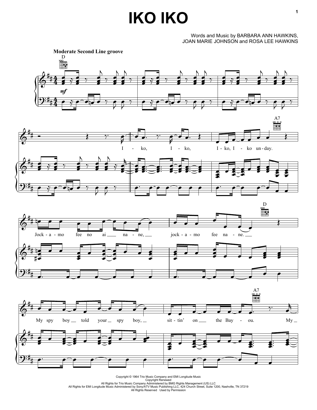 Download Dr. John Iko Iko Sheet Music and learn how to play Piano, Vocal & Guitar Chords (Right-Hand Melody) PDF digital score in minutes
