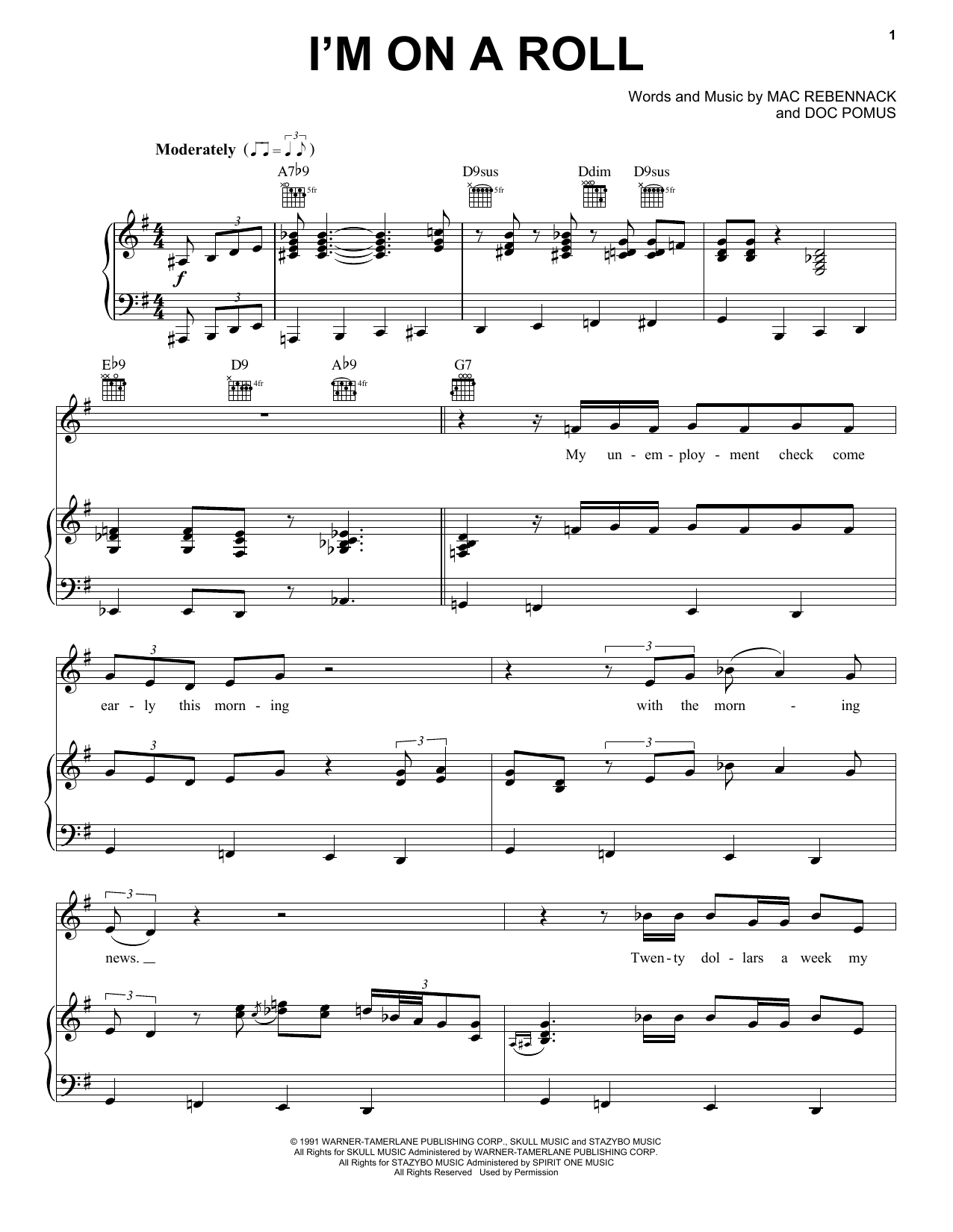 Download Dr. John I'm On A Roll Sheet Music and learn how to play Piano, Vocal & Guitar Chords (Right-Hand Melody) PDF digital score in minutes