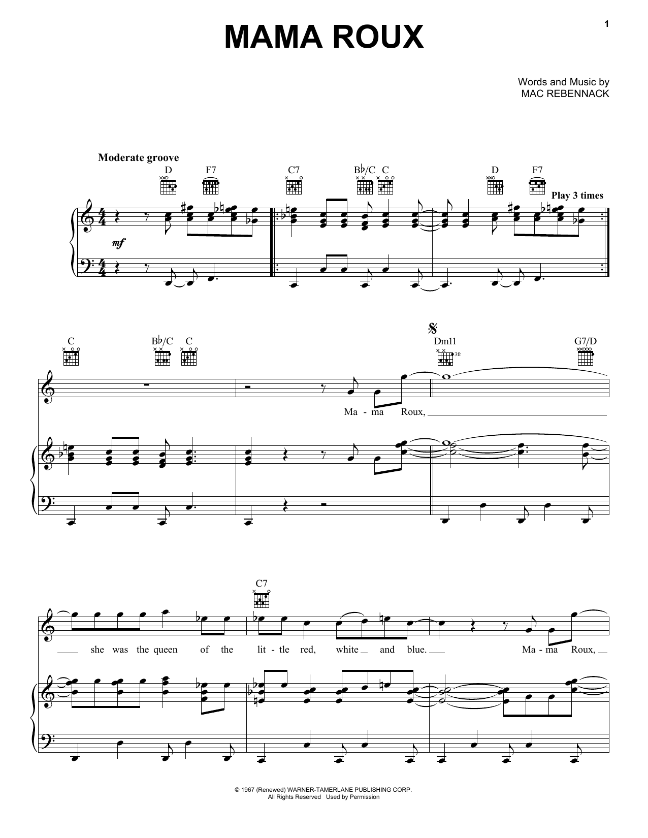 Download Dr. John Mama Roux Sheet Music and learn how to play Piano, Vocal & Guitar Chords (Right-Hand Melody) PDF digital score in minutes