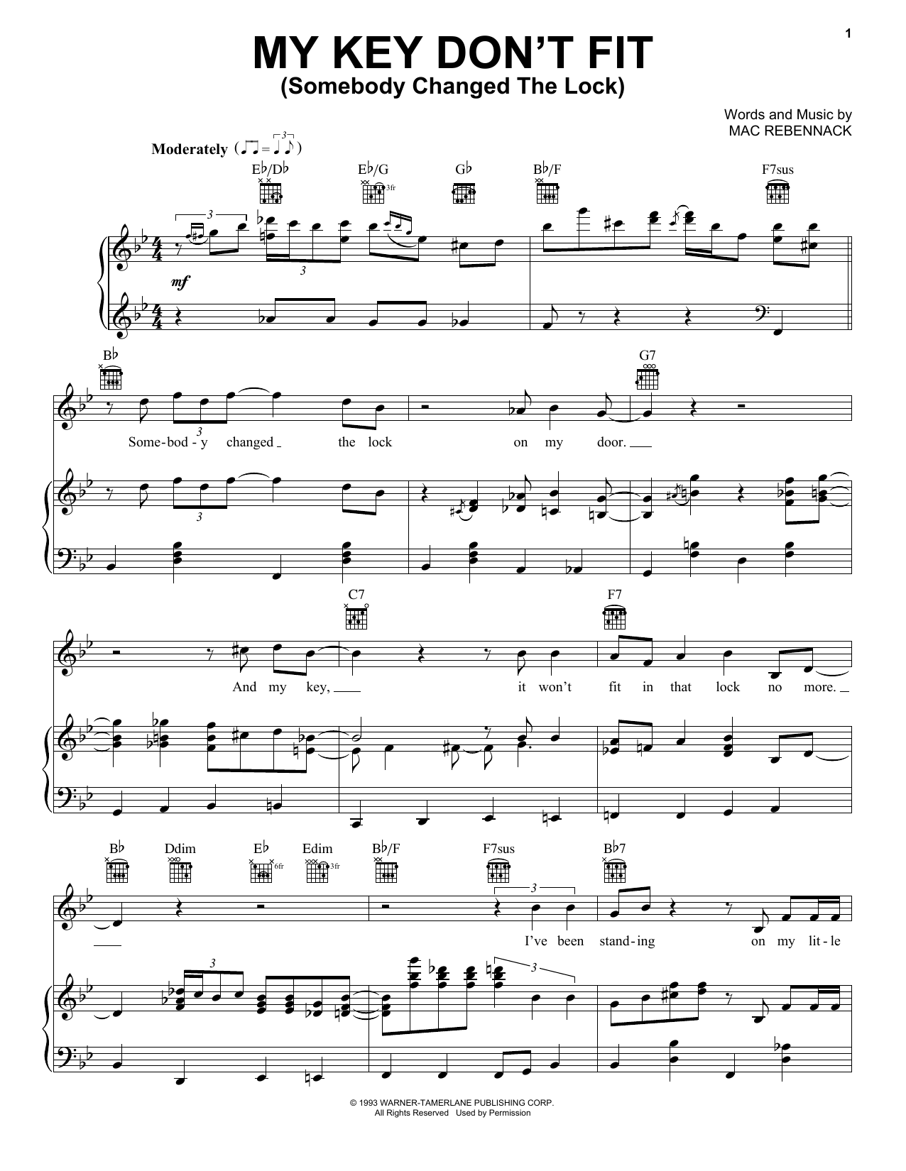 Download Dr. John My Key Don't Fit (Somebody Changed The Lock) Sheet Music and learn how to play Piano, Vocal & Guitar Chords (Right-Hand Melody) PDF digital score in minutes