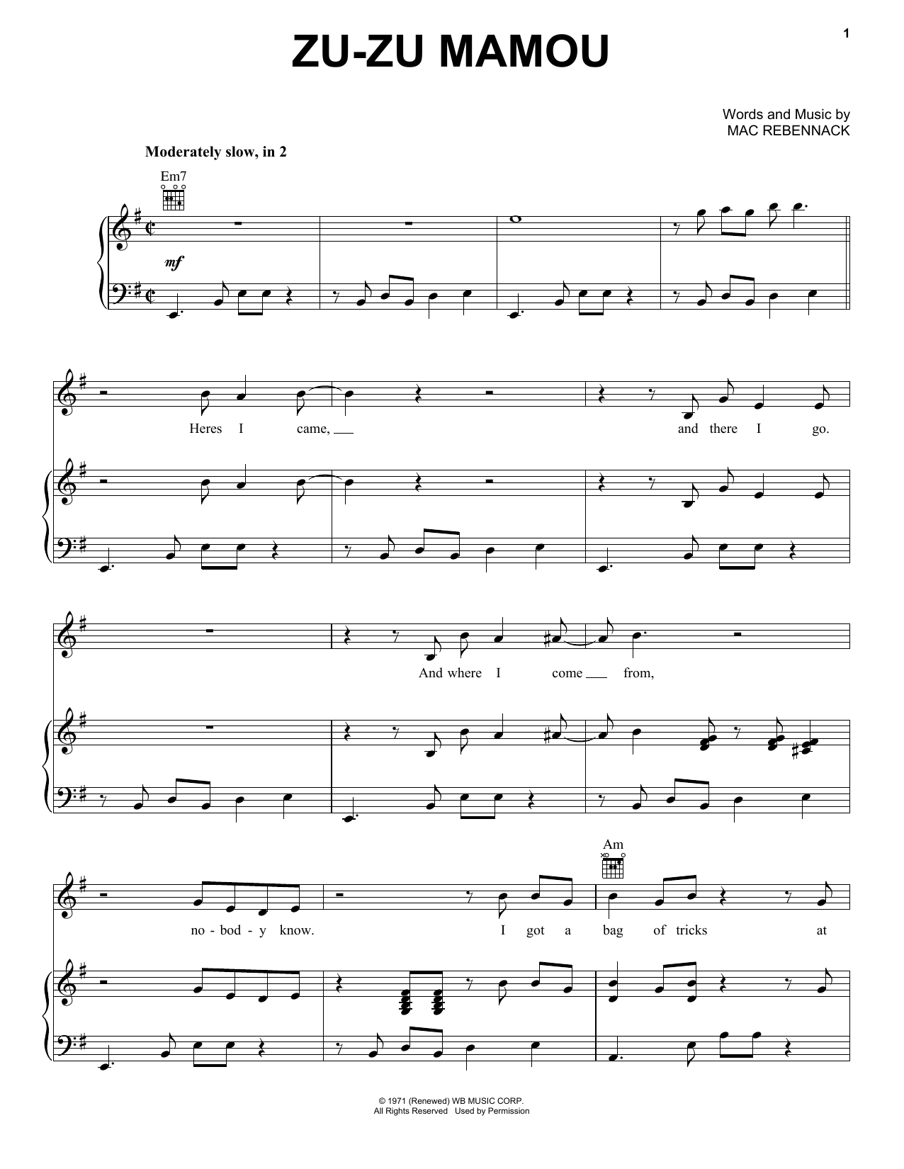 Download Dr. John Zu-Zu Mamou Sheet Music and learn how to play Piano, Vocal & Guitar Chords (Right-Hand Melody) PDF digital score in minutes