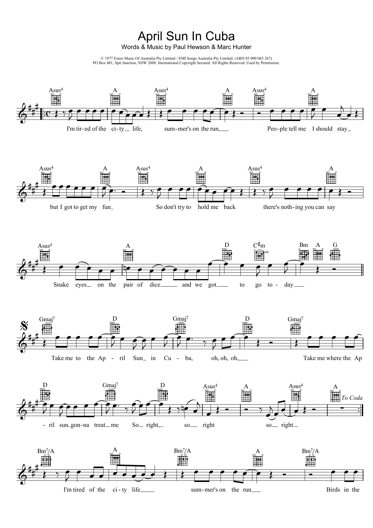 Download Dragon April Sun In Cuba Sheet Music and learn how to play Melody Line, Lyrics & Chords PDF digital score in minutes