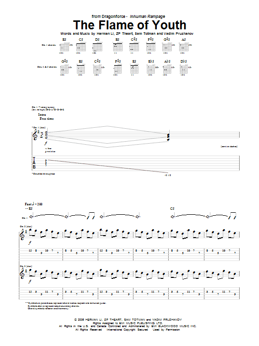 Download DragonForce The Flame Of Youth Sheet Music and learn how to play Guitar Tab PDF digital score in minutes