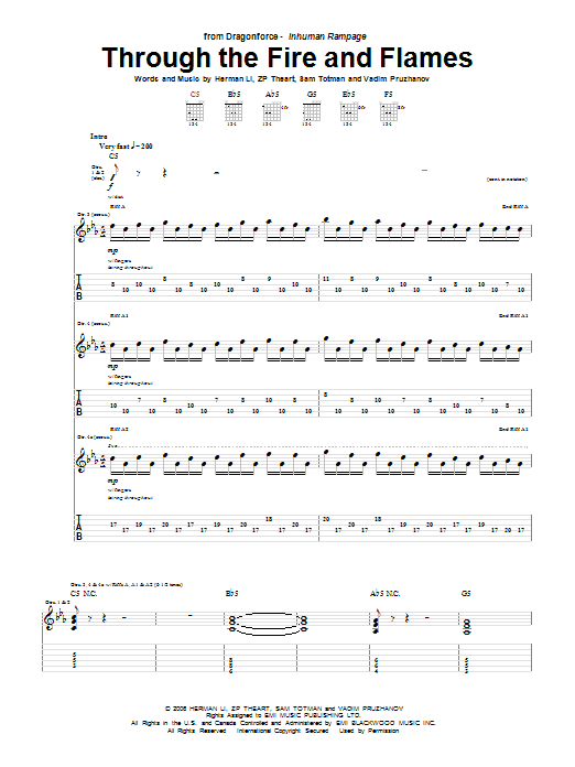 Download DragonForce Through The Fire And Flames Sheet Music and learn how to play Guitar Tab PDF digital score in minutes