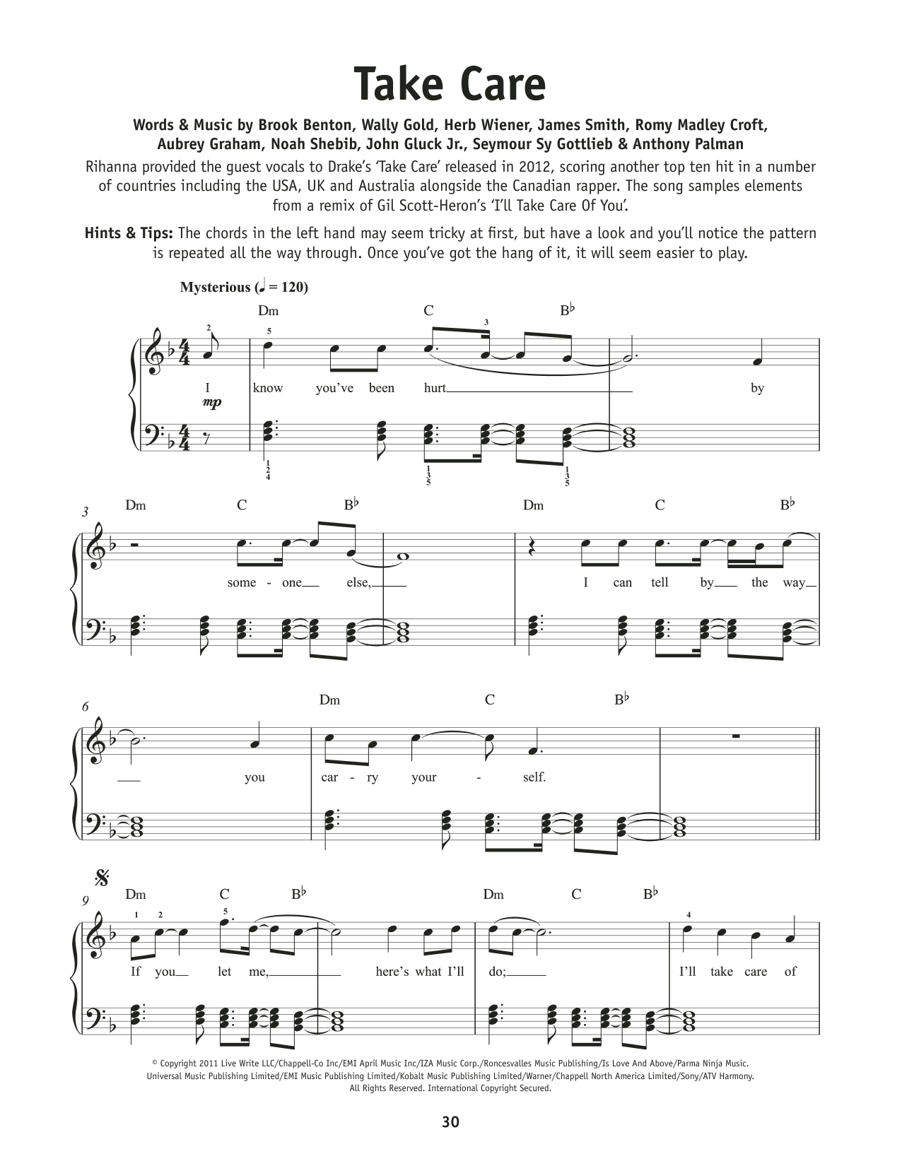 Download Drake and Rihanna Take Care Sheet Music and learn how to play Really Easy Piano PDF digital score in minutes