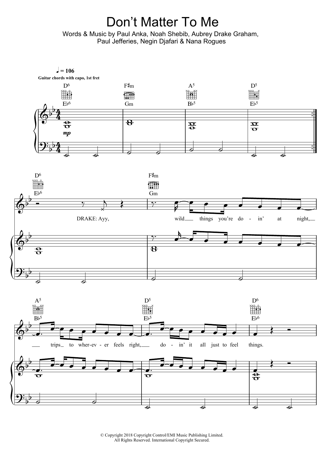 Download Drake Don't Matter To Me (featuring Michael Jackson) Sheet Music and learn how to play Piano, Vocal & Guitar PDF digital score in minutes