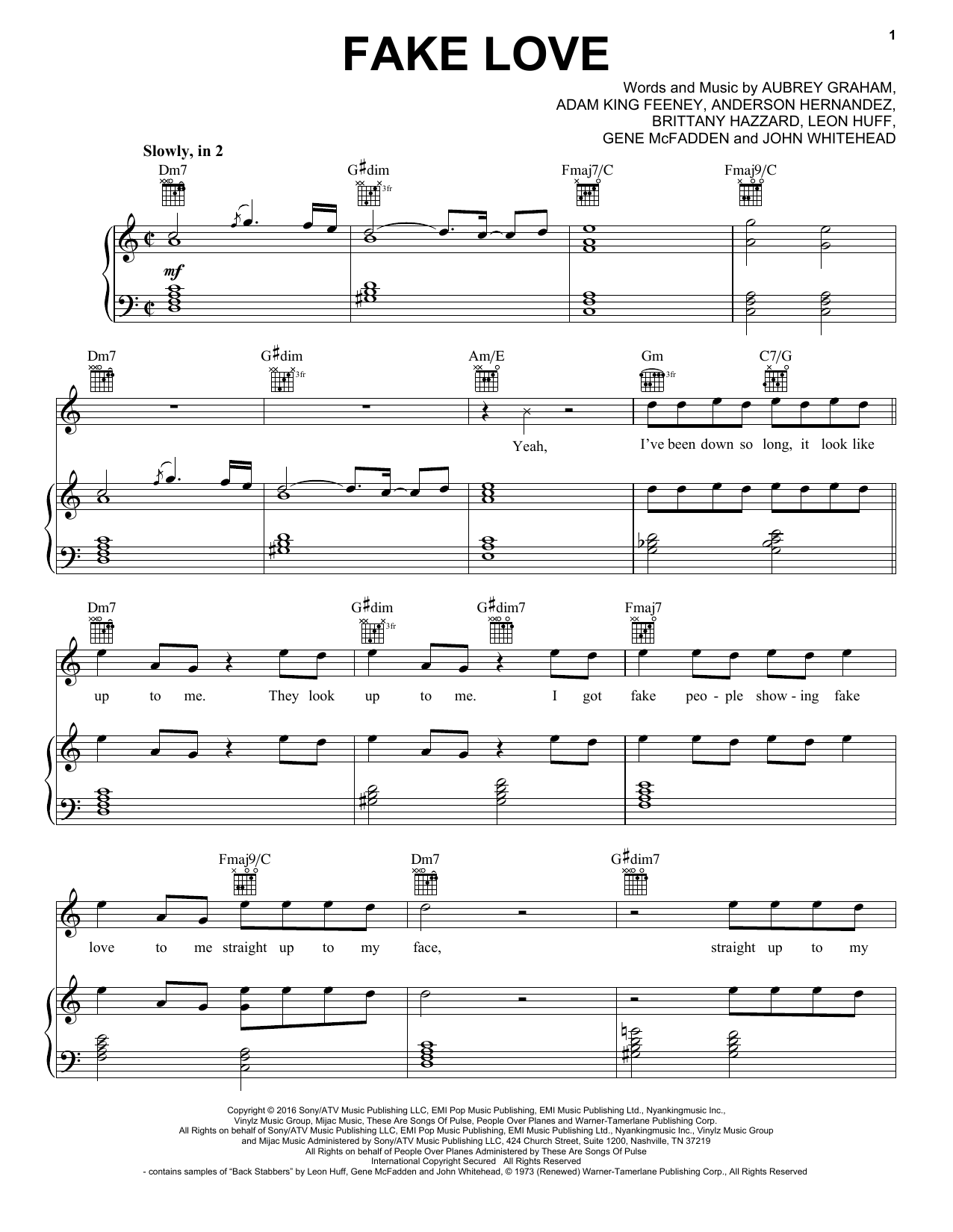 Download Drake Fake Love Sheet Music and learn how to play Piano, Vocal & Guitar (Right-Hand Melody) PDF digital score in minutes