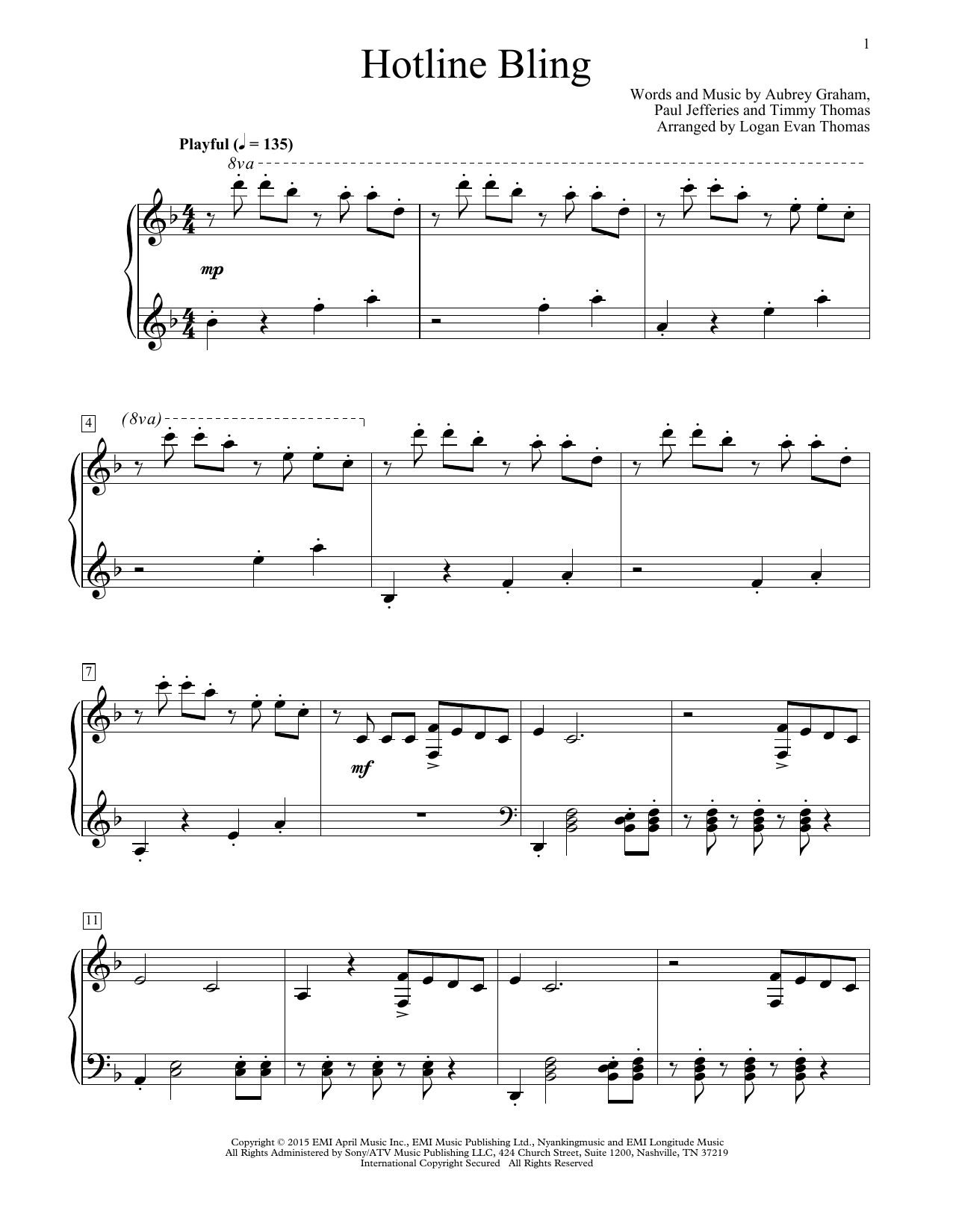 Download Drake Hotline Bling (arr. Logan Evan Thomas) Sheet Music and learn how to play Educational Piano PDF digital score in minutes