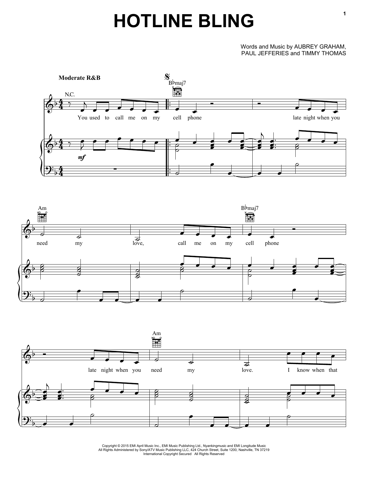 Download Drake Hotline Bling Sheet Music and learn how to play Piano, Vocal & Guitar (Right-Hand Melody) PDF digital score in minutes
