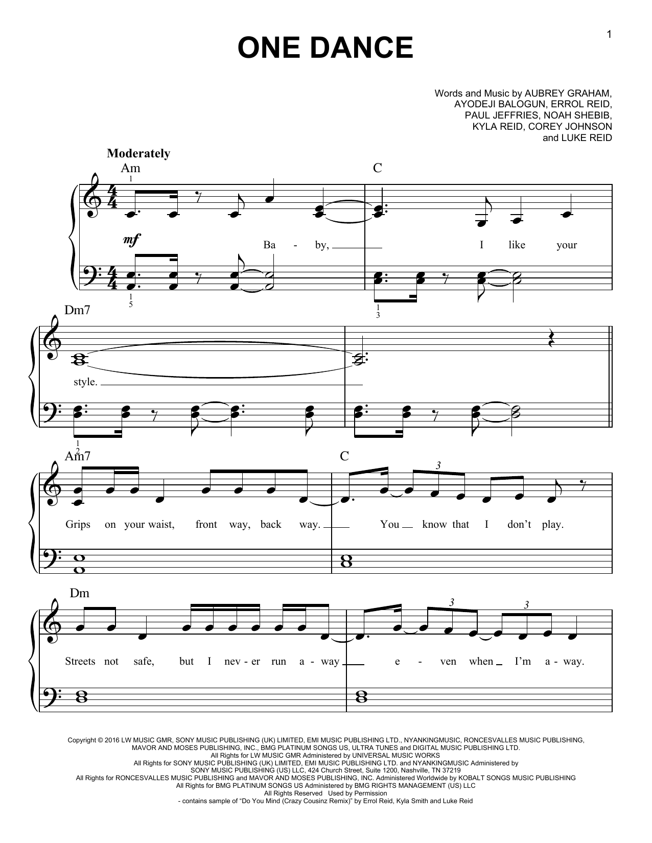 Download Drake One Dance (feat. Wizkid and Kyla) Sheet Music and learn how to play Really Easy Piano PDF digital score in minutes