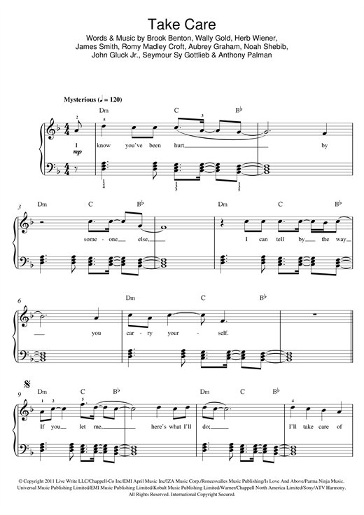 Download Drake Take Care (feat. Rihanna) Sheet Music and learn how to play Beginner Piano PDF digital score in minutes